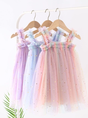 Meisjes Regenboog Mesh Tutu Jurk Pailletten Ster Maan Prinses Feestjurk Ruffle Strap Gradiënt Mouwloze Jurk