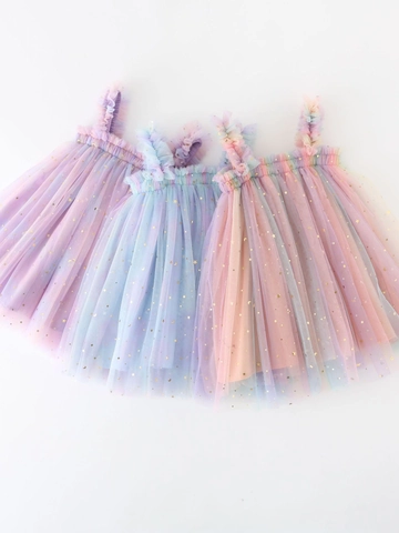 Meisjes Regenboog Mesh Tutu Jurk Pailletten Ster Maan Prinses Feestjurk Ruffle Strap Gradiënt Mouwloze Jurk