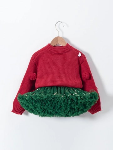 Set di Vestiti Natalizi per Ragazze Maglione Rosso a Maglia Con Pompon e Gonna Tutu in Rete a Stella Outfit da Principessa