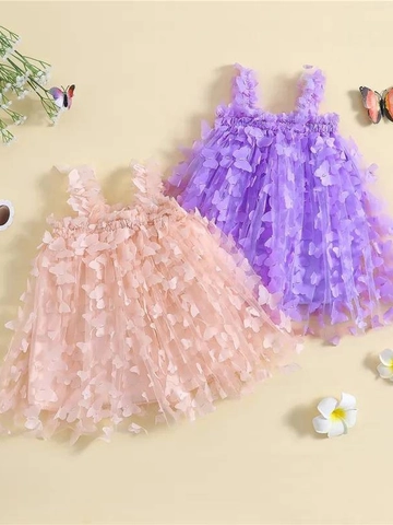 Robe en Maille Papillon 3D pour Filles Robe Tutu Sans Manches Princesse en Tulle pour Enfants Fête Mariage Été Coton