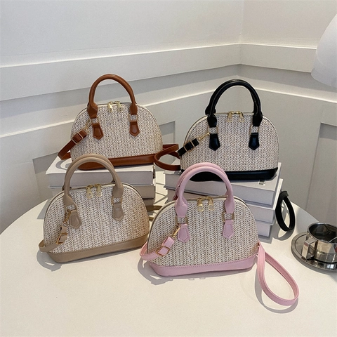 Bolso de Hombro de Concha de Algodón Tejido Urbano para Mujer Bolso de Mano Pequeño Estilo Paja Casual Con Ribete de PU