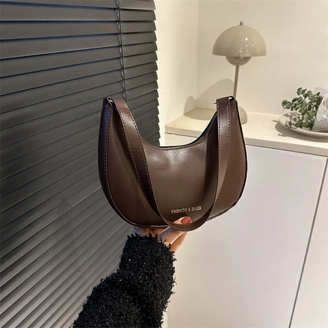 Bolso de Axila de Media Luna de Cuero PU de Moda para Mujer Minimalista Color Sólido Estampado de Letras Bolso Hobo con Cremallera de Hombro
