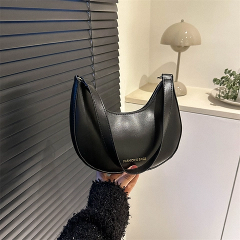 Bolso de Axila de Media Luna de Cuero PU de Moda para Mujer Minimalista Color Sólido Estampado de Letras Bolso Hobo con Cremallera de Hombro