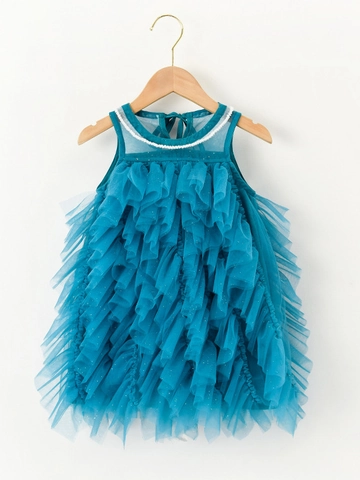 Vestido de Princesa de Malla de Verano para Niñas Vestido de Fiesta Sin Mangas con Volantes y Perlas Artificiales Verde Aguacate Rosa