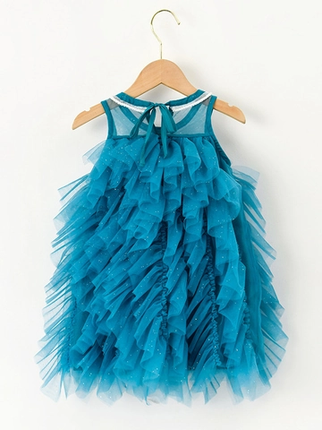 Vestido de Princesa de Malla de Verano para Niñas Vestido de Fiesta Sin Mangas con Volantes y Perlas Artificiales Verde Aguacate Rosa
