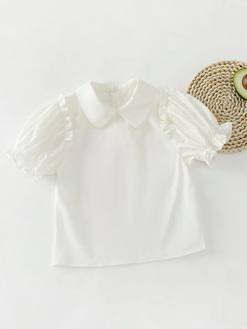 Camisa de Algodón Blanca Casual para Niñas de Verano Cuello Peter Pan Manga de Burbuja Mesh Lunares Top Falda Tutu Conjunto Combinado Ropa