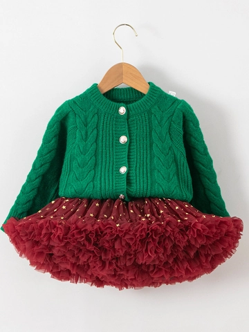 Kerst Meisjes Gebreid Vest En Ster Tule Tutu Rok Feestelijke Outfit Katoen Nylon Prinses Vakantie Kleding