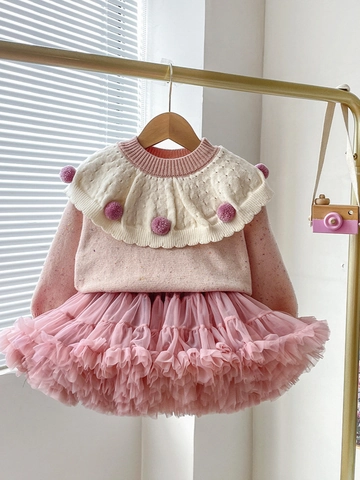 Completo da Bambina con Maglione a Maglia Rosa e Gonna Tutu in Rete Maniche Lunghe Collo con Volant Cotone Moda Autunno