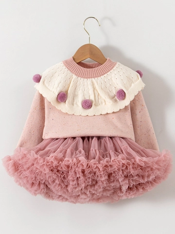 Completo da Bambina con Maglione a Maglia Rosa e Gonna Tutu in Rete Maniche Lunghe Collo con Volant Cotone Moda Autunno