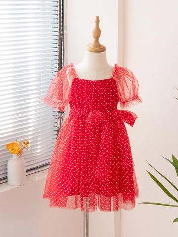 Robe Tutu en Maille à Pois pour Petites Filles Manches Bouffantes Princesse Robe de Soirée Anniversaire Avec Grand Nœud