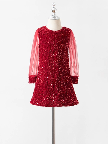 Vestido de Manga Larga de Patchwork de Malla con Lentejuelas para Niñas Fiesta Cumpleaños Boda Navidad Princesa Corte A