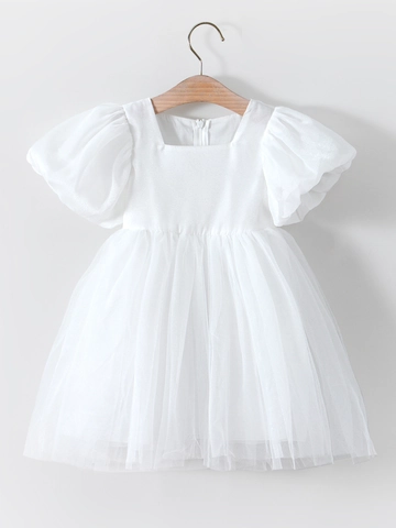 Robe de Princesse pour Petites Filles Manches Bouffantes Col Carré Mesh Tulle Tutu Été Coton Robe de Soirée pour Mariage Anniversaire