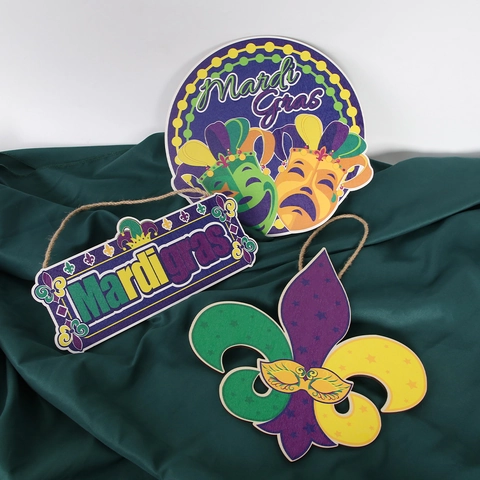 Mardi Gras Carnival Wooden Hanging Sign Purple Green Gold Mask Pattern Fleur-de-lis Festive Party Door Wall Decor
