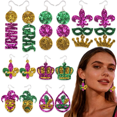Mardi Gras Carnival Sequin Dangle Earrings Fleur De Lis Mask Crown Letter Pattern Alloy Acrylic Festival Jewelry