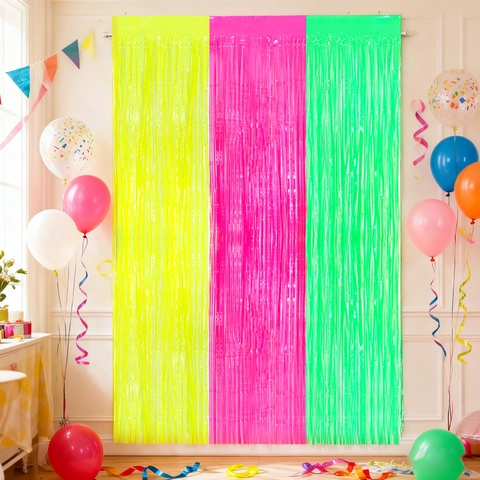 Fluorescent Three Color Splicing Foil Fringe Curtain UV Reactive Metallic Tinsel Backdrop For Birthday Party Wedding Stage Decoration Accessory
