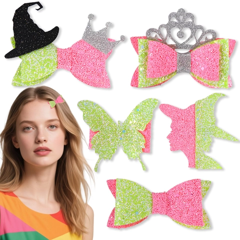 Fermaglio per Capelli Glitter per Ragazze Cappello da Strega Corona Farfalla Fiocco Halloween Festa Accessori Rosa Verde