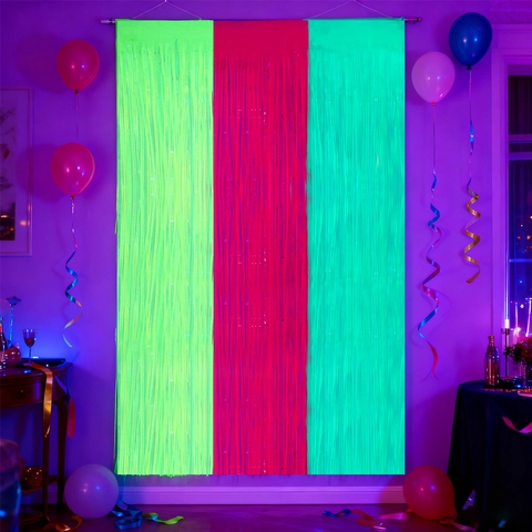 Fluorescent Three Color Splicing Foil Fringe Curtain UV Reactive Metallic Tinsel Backdrop For Birthday Party Wedding Stage Decoration Accessory