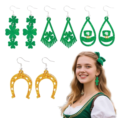 St Patrick's Day Klaver Hoefijzer Oorbellen Glitter Groen Iers Festival Feestelijke Party Vrouwen Sieraden Accessoire