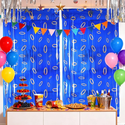 Blue Foil Fringe Curtain With Gold Ring Print PET Metallic Streamers Party Backdrop For Birthday Wedding Celebration Decorations