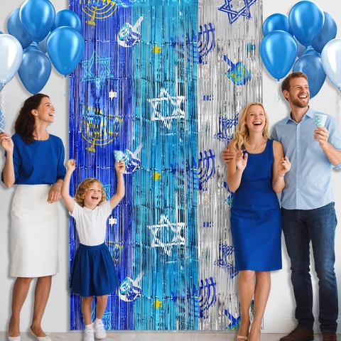 Hanukkah Tenda di Lamina Blu Argento Metallizzato Sfondo Fotografico Stella di Davide Menorah Stampato Decorazione Festa
