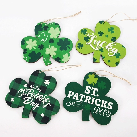 St Patrick's Day Holz Kleeblatt Hängedekoration Grün Plaid Lucky Buchstabe Schild Irische Party Festival Wandanhänger