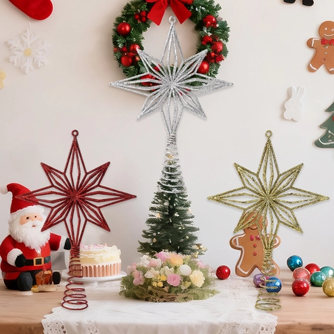 Puntale per Albero di Natale in Ferro Ornamento a Stella Brillantinato Cavo Ottagonale Pentagramma Stella per Casa Festa