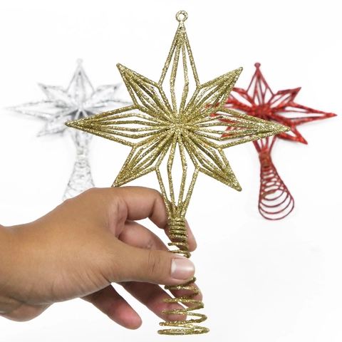 Puntale per Albero di Natale in Ferro Ornamento a Stella Brillantinato Cavo Ottagonale Pentagramma Stella per Casa Festa