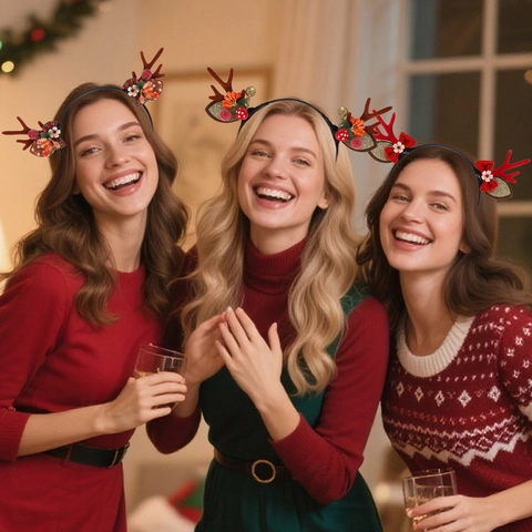Weihnachten Rentier Geweih Stirnband Für Damen Mädchen Party Dekoration Süße Elch Horn Haarband Mit Schleife Blume Pilz Kopfschmuck
