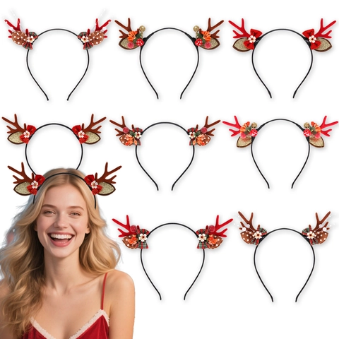 Weihnachten Rentiergeweih Haarreif Mit Karo-Schleife Künstliche Blumen Perlen Dekor Für Feiertag Party Foto Requisiten Damen Mädchen Kopfschmuck