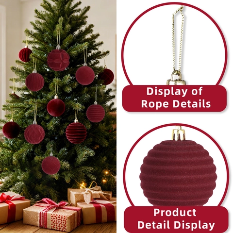 Beflockte Weinrote Weihnachtskugeln Strukturierte Samt Weihnachtsbaum Anhänger Für Feiertags Heim Party Dekoration