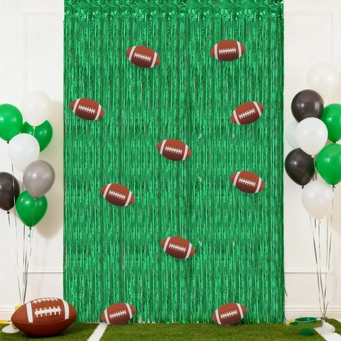 American Football Theme Party Backdrop Foil Fringe Curtains Mixed Colors Metallic Tinsel Curtain With Football Stickers For Sports Match Birthday Venue Decor