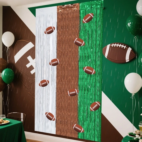 American Football Theme Foil Fringe Curtain Metallic Tinsel Backdrop For Super Bowl Sports Party Decorations White Brown Green
