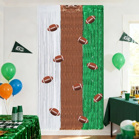 American Football Theme Foil Fringe Curtain Metallic Tinsel Backdrop For Super Bowl Sports Party Decorations White Brown Green