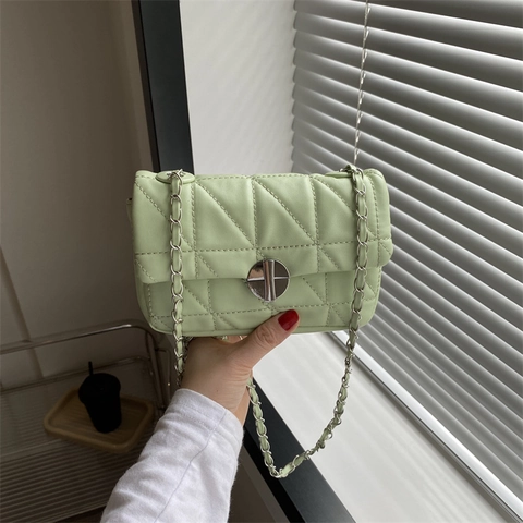 Women Quilted Crossbody Bag PU Leather Rhombic Pattern Small Square Shoulder Bag With Silver Chain Strap Fashion Daily Party Handbag