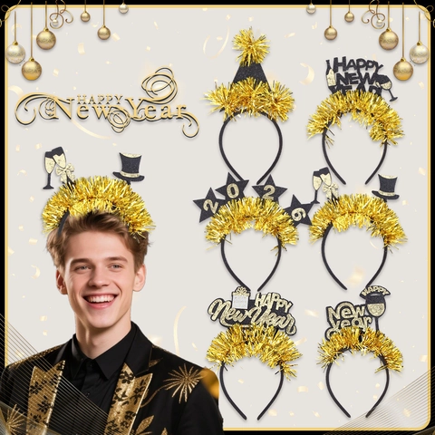 Schwarz Gold Happy New Year Haarreif 2026 2027 Sterne Lametta Kopfschmuck Festliche Party Haar-Accessoires Neujahrsfeier PET Requisiten