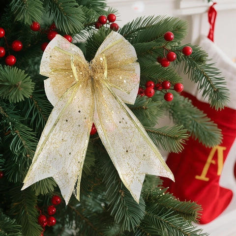 Large Christmas Mesh Bow Ornament Glitter Snowflake Letter Print Gold Silver Bowknot Christmas Tree Topper Hanging Decor