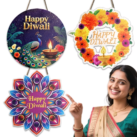 Targa Appesa in Legno Happy Diwali Mandala Pavone Ghirlanda di Calendula Tradizionale Festival Indiano Casa Festa Porta Decorazione Legno