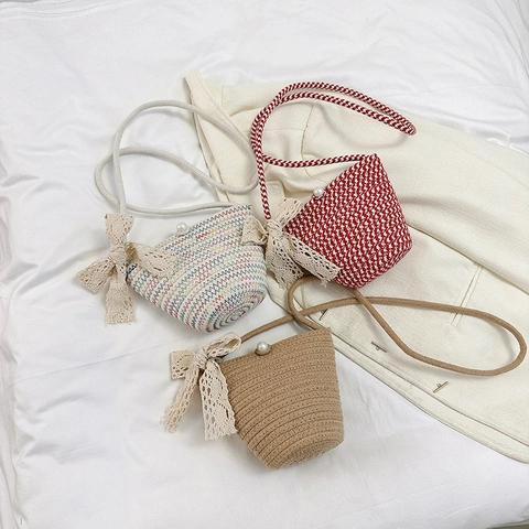 Women Woven Bucket Bag Straw Cotton Rope Crossbody Bag With Lace Bow Pearl Decor Fashion Handwoven Shoulder Bag For Vacation Daily