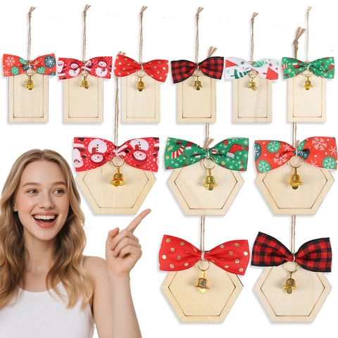 Etiquetas Colgantes de Madera de Navidad DIY Con Lazo de Cinta Campana Dorada Letreros de Mensaje de Madera Natural para Decoración
