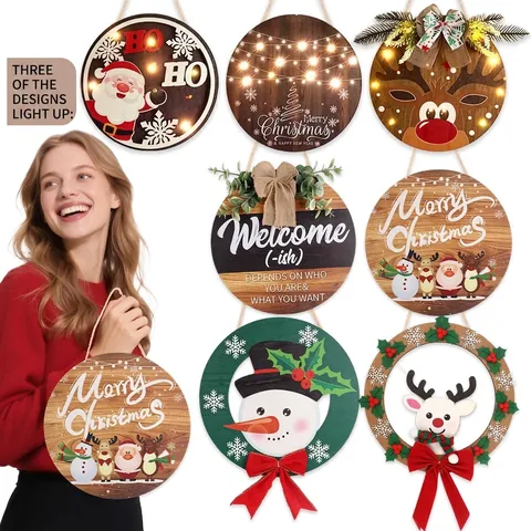 Targa Appesa di Natale in Legno Babbo Natale Renna Pupazzo di Neve LED Luminoso Welcome Targa per Porta Decorazione Festa