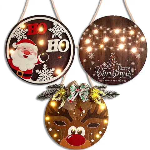 Targa Appesa di Natale in Legno Babbo Natale Renna Pupazzo di Neve LED Luminoso Welcome Targa per Porta Decorazione Festa