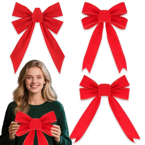 Large Red Velvet Christmas Bow With Gold Trim Flocked Ribbon Bow Ornament For Christmas Tree Holiday Party Home Decor Hanging Pendant