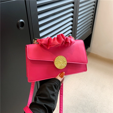 Mode Damen PU Leder Kleine quadratische Tasche Mit runder goldener Schnalle Geraffter Griff Schulter Umhängetasche Party Handtasche