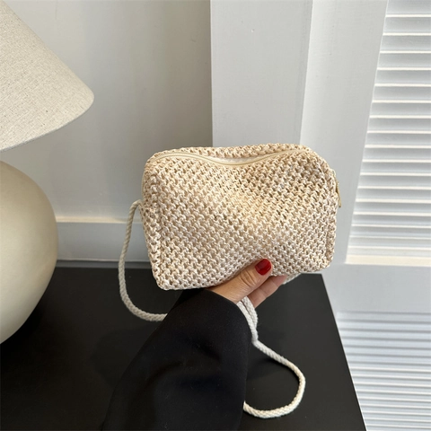 Damen Mini Handgeflochtene Umhängetasche Mode Frisch Pastoraler Stil Kleine Quadratische Stroh Schultertasche Minimalist Urlaub