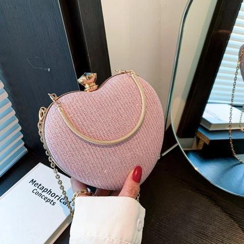 Luxury Heart Shaped Evening Bag Glitter PU Box Clutch Purse With Metal Handle Chain Strap Women Party Wedding Crossbody Bag