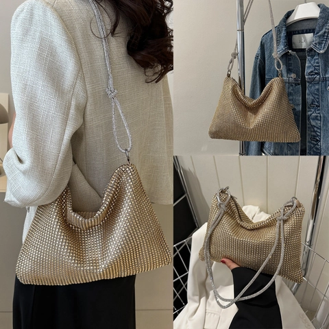 Women Rhinestone Underarm Bag Sparkling Metal Mesh Shoulder Bag Evening Party Handbag Luxury Hobo Bag Zipper Clutch Purse