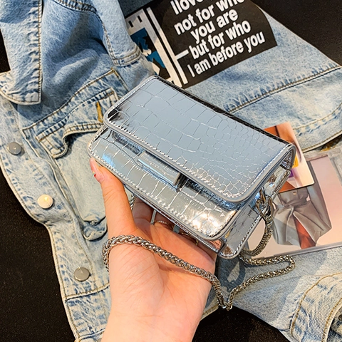 Mode Krokodil Muster PU Leder Umhängetasche Für Damen Metallic Kette Mini Kleine Quadratische Schultertasche Party Handtasche