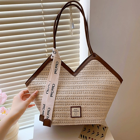 Dames Mode Grote Capaciteit Stro Tote Bag V-Vormige Schoudertas Vakantie Strand Handtas Met Lint En Smiley Patch