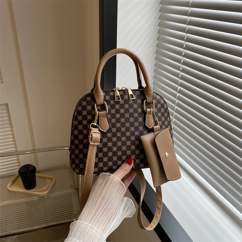 Retro Monogram Shell Handbag For Women PU Leather Messenger Crossbody Bag With Mini Pouch Charm Small Shoulder Bag Top Handle
