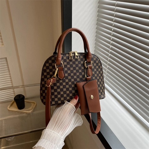 Retro Monogram Shell Handbag For Women PU Leather Messenger Crossbody Bag With Mini Pouch Charm Small Shoulder Bag Top Handle